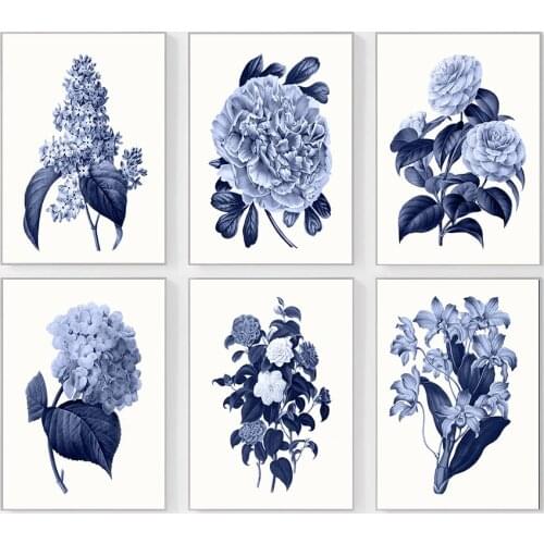 Pressed Blue Wild Flowers Wall Art Canvas Painting Hampton Style Posters Botanical Prints Blue and White Pictures Home Decor