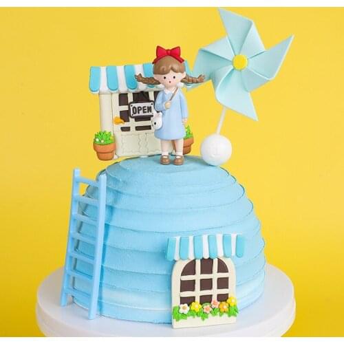 Cake Topper Girl Birthday Cake Decoration Doll Peach Skirt Blue Skirt Girl Back Bunny Bag Cake Plug-in Party DecorationSupplies