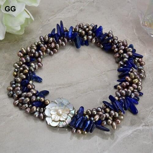 GuaiGuai Jewelry 17" 4 Rows Cultured Grey Black Pearl Blue lapis Torsade Necklace
