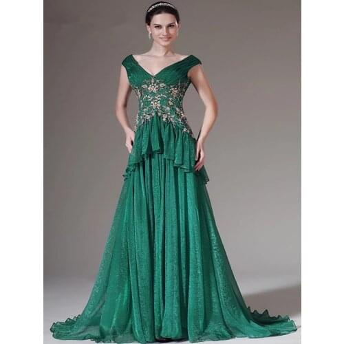 Green Evening Dresses A-line Off The Shoulder Chiffon Lace Beaded Long Dubai Saudi Arabic Evening Gown Prom Dresses