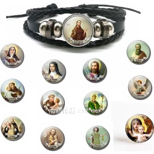 St Michael Clare Francis Religion Virgin Mary Christian Glass Cabochon Black Braided Bracelet Bangle Jewelry Gift for Men Women