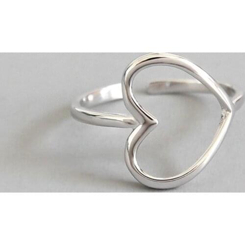 Women Silver Jewelry 100% S925 Sterling Silver Open Rings Hollow Love Heart Adjustable Finger Rings Punk Korea Style lady Gift