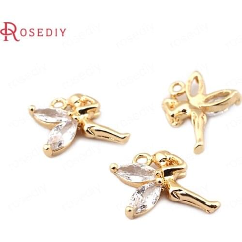 33697)6PCS 15*11MM 24K Gold Color Brass with Zircon Fairy Charms Pendants High Quality Diy Jewelry Findings Accessories