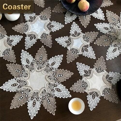 British Style Brocade Fabric Water Soluble Lace Trim Fashion Placemat Bowl Coaster Round Tablecloth Vase Mat Christmas Wedding