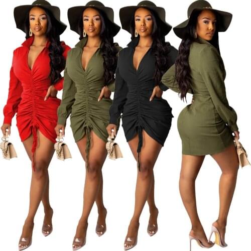 FNOCE autumn womens dresses fashion sexy nightclub solid color long sleeve v-neck slim tight pleated elegant dress