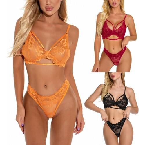 New Arrival 2 Pieces Of Sexy Lace Underwear Set Adult Transparent Hollow Flower Pattern Spaghetti Belt Bra + Thong 3 Colors