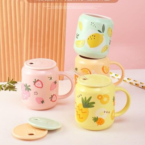 Creative Fruit Ceramic Mug INS With Glass Straw Handy Cup With Lid Office Home Lovely Fruit Breakfast Milk Water Bottle