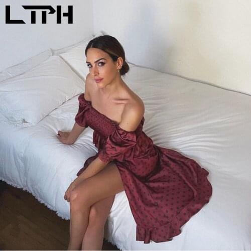 LTPH French elegant Dot print Outfits two piece set women Square collar puff sleeve tops sexy split skirt sets 2021 Summer New