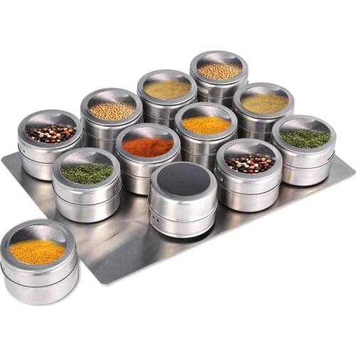 Stainless Steel Magnetic Spice Jars With Wall Mounted Rack Spice bottle magnetic 12-piece kitchen set