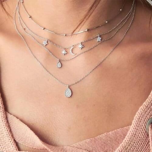 Fashion Multi-layer Star Moon Clavicle Necklace Charming Female Crystal Zircon Water Drop Pendant Womens Wedding Party Jewelry