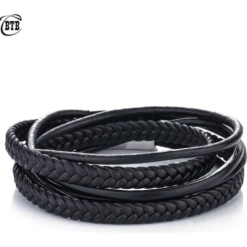 Fashion Black Genuine Leather Buddha Bracelet Black Stainless Steel Clasp Multi Layer Braid Rope Chain Wristband Vintage Gifts