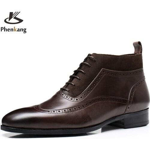 Men Winter Chelsea Boots Genuine Leather Mens Platform Brogue Casual Ankle Flat Shoes Laces Up Dress Designer Brand Boots