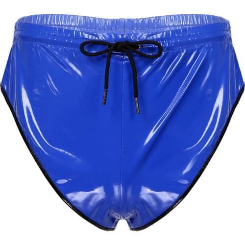Mens Lingerie Patent Leather Briefs Underwear Drawstring Elastic Waistband Shorts Nightclub Stage Performance Briefs with Pocket