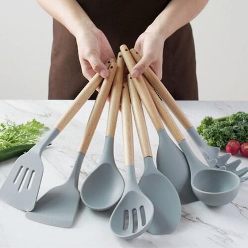 12 Pcs Silicone Kitchen Utensils Set With Wooden Handles Non-stick CookingUtensils Kitchenware Tools Set Shovel With Storage Box