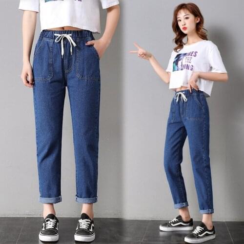New 2020 Denim Korean Drawstring elastic waist straight ankle length pants loose high waist jeans women teenagers Harlan pants