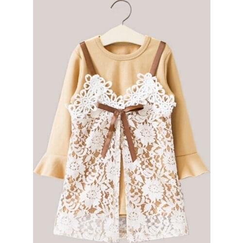 2019 children girls spring new fashion long sleeve cotton Tee + Floral lace Dress 2 pieces clothing set 3-8 years