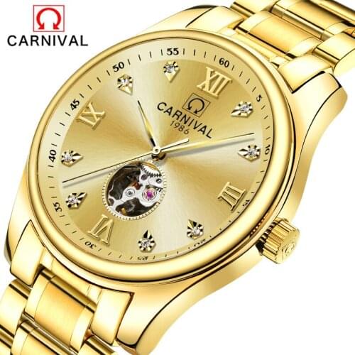 Carnival Luxury Business Mens Gold Watch Top Brand Automatic Mechanical Waterproof Sports Watches 2017 New Design Clock