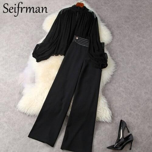 Seifrmann New 2021 Summer Women Fashion Runway Pants Set Lantern Sleeve Loose Tops + High Waist Long Pants 2 Two Pieces Suits