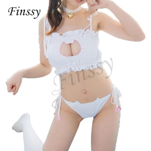 Sexy Cat Pierced Kawaii Women Underwears Cute Lolita Brief Set Lovely Cartoon Bra Sexy Lingerie Bell Choker Cosplay for Girl