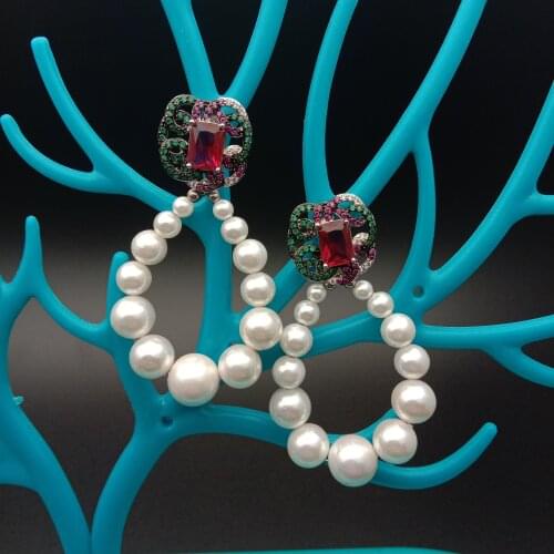 Y·YING White Sea Shell Pearl Graduated Cubic Zirconia Pave Stud Earrings luxury style for women