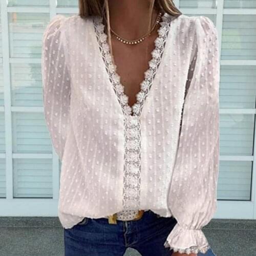 Chic Fashion Women Elegant Blouses Office Lady Shirt Lace Patchwork V Neck Solid Color Long Sleeve Chiffon Blouse Streetwear