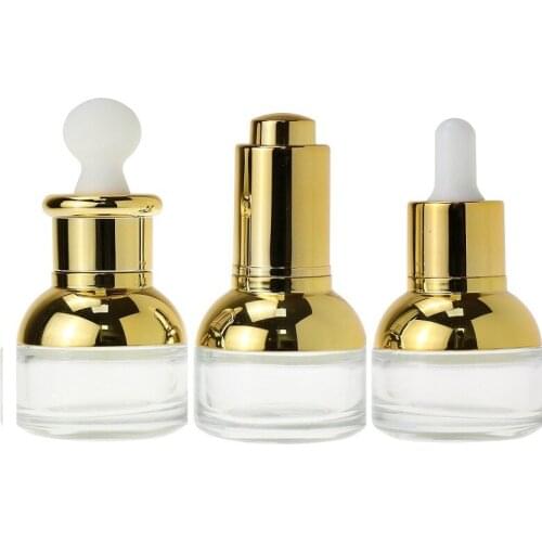 Glass Essential Oil Dropper Vials with Gold Pump Pipette Lid Clear Round Empty Glass Bottle 20ml 30ml Cosmetic Packaging 15 pcs