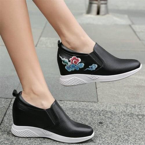 Fashion Sneakers Women Genuine Leather Wedges High Heel Ankle Boots Female Low Top Round Toe Platform Pumps Shoes Casual Shoes