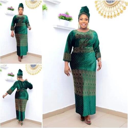 Plus Size Velvet Dress Dashiki African Clothes For Women 3 Pieces Set Top Skirt With Headtie Ladies Long Maxi Party Dresses Robe