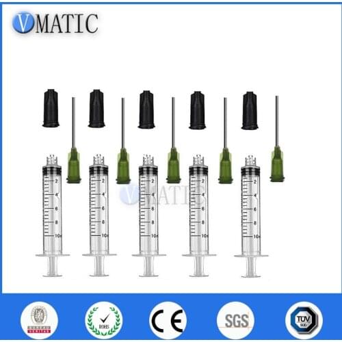 High Quality Non Sterilized 6 Plastic Syringes 10ml/cc With Caps/Stopper & Luer Lock Dispensing Needles 14G 1 Inch