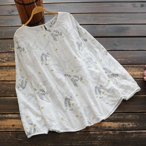 Mori Girl Autumn Women Loose Casual Shirt Cotton Long Sleeve O-Neck Floral embroidery pullover Tops Blouse Cotton women shirt