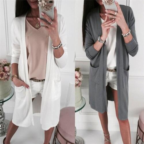 Women Jackets Fashion Casual Pocket Loose Long Sleeve Cardigan Coat Autumn Female Outwears 2019 Ladies Solid Long Jacket White