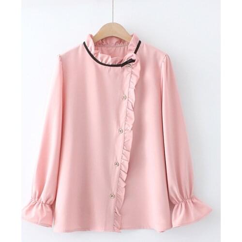 Plus Size Womens Chiffon Blouse Long Sleeved Solid Blue Pink Tops Oversized OL Workwear Blusas