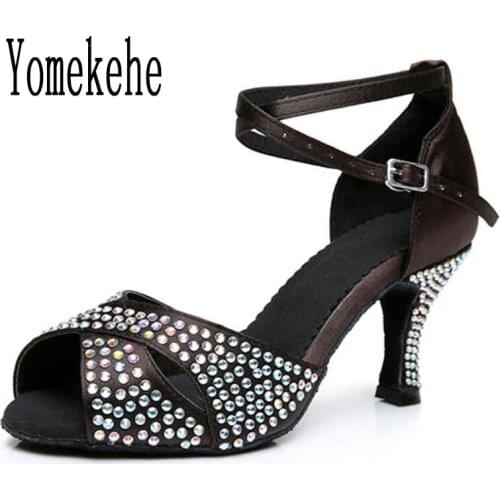 Women Ballroom Latin Dance Shoes Professional Dancing Satin Rhinestones Girls Ladies Heeled Tango Soft Soles Hot Selling 6CM/8CM