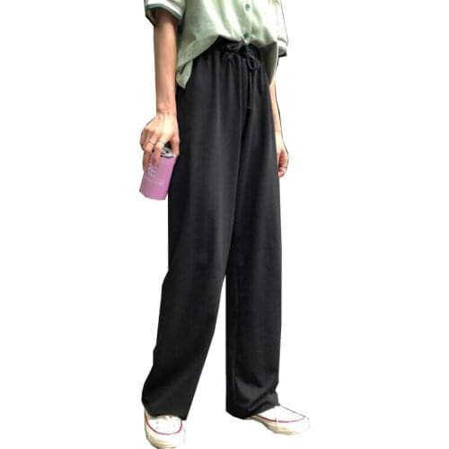 2021 Lady Solid Knit Pants Casual Joggers Loose Wide Leg Long Length Pants Female Drawstring Home Wear Trousers Pantalon CL858
