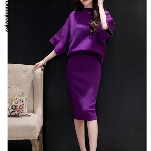 Women Knitted Suit Top+skirt Set New Fashion Purple Black Female Knitwear 2 Pieces Set Women Suit Bodycon Skirt Suit