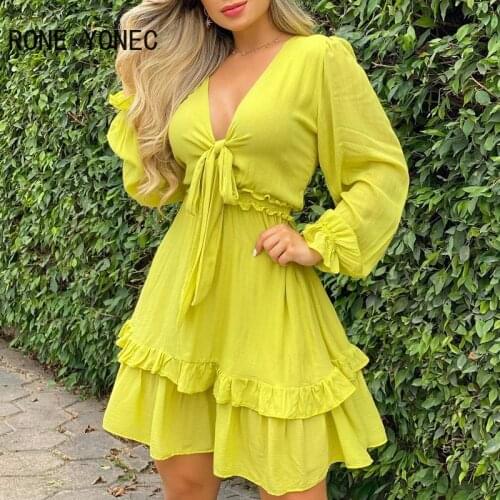 Women Elegant Dress Ruched Design Plain V Neck Tie Up Dress Casual Dress Vacation Dress 2021