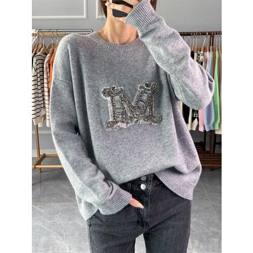 100% Cashmere Women Knitted Tops 2021 New Beaded Letters Classic Cashmere Sweater Loose