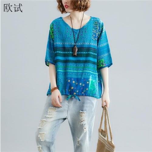 Oversized 2021 Summer Cotton Linen T Shirt Women Floral Print Korean Tshirt Casual Loose Ladies TShirts Striped Tops T-Shirt New