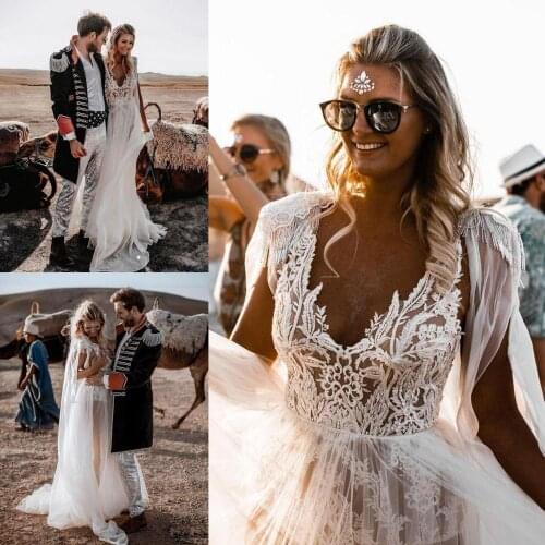 A Line Bohemian Wedding Dresses with Cape Lace See Through Sexy Bridal Gowns robe de mariée Custom Made Wedding Dress