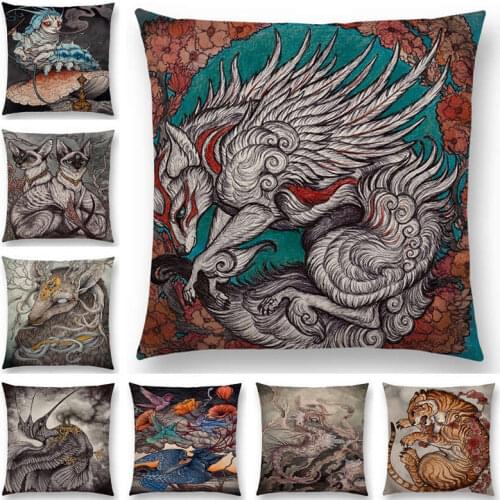 Dark Magic Creatures Mysterious Monster mythical beasts Sofa Pillow Case Cat Deer Bird Fox Tiger Snake Cushion Cover