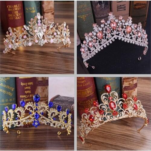 DIEZI 2019 New Baroque Luxury Red Green Blue Crystal Crown Bridal Wedding Hair Accessories Crystal Tiaras Diadem Girls Headbands