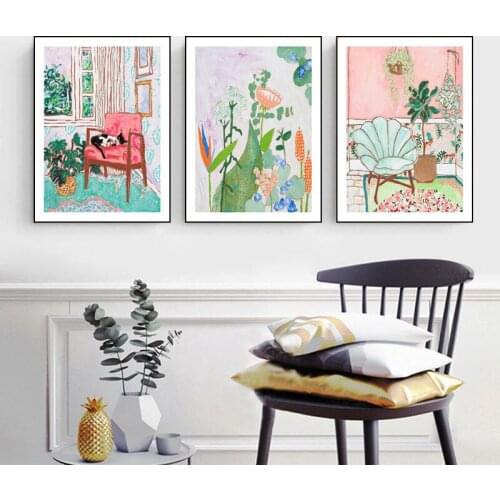 European Nostalgic Retro Oil Canvas Painting Sofa Cat Plants Poster and Print Wall Art Pictures for Living Room Home Decoration