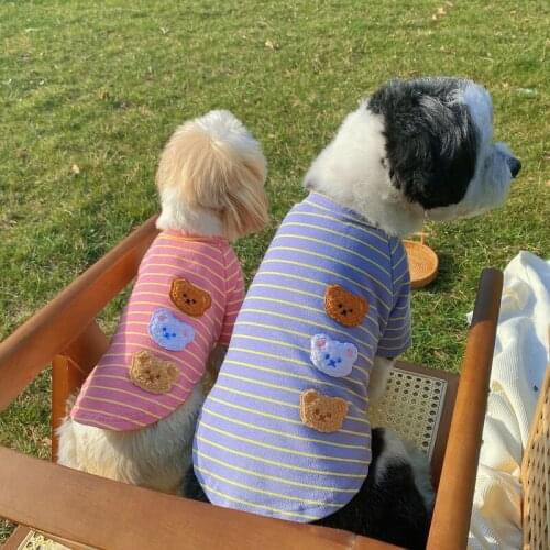 Dog Tshirt for Small Medium Dogs Cute Striped Chihuahua Pomeranian Vest Kawaii Korean Bear Embroidered Dog Clothes Pet Outfit