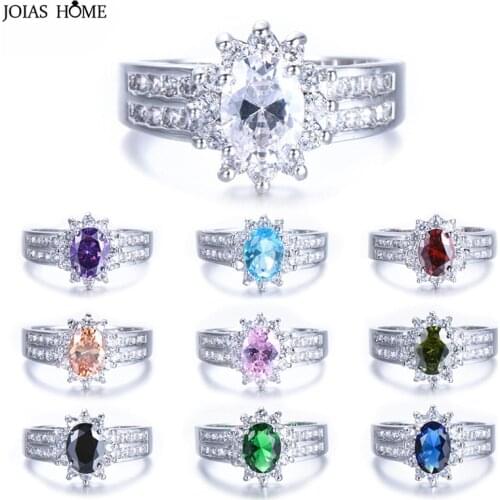 JoiasHome New Fashion Oval Zircon Ring Womens Silver 925 Jewelry 10 Colors Gemstones Double Row White Micro Diamond Rings Gift