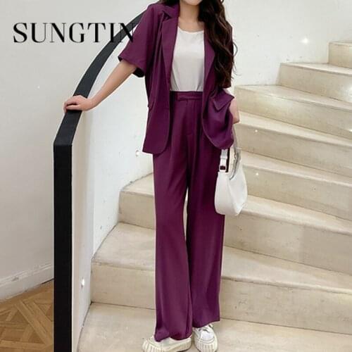 Sungtin purple 2 Piece Blazer Suit Sets Office Lady Short Loose Blazers High Waisted Wide Leg Pants Professional Clothes Women
