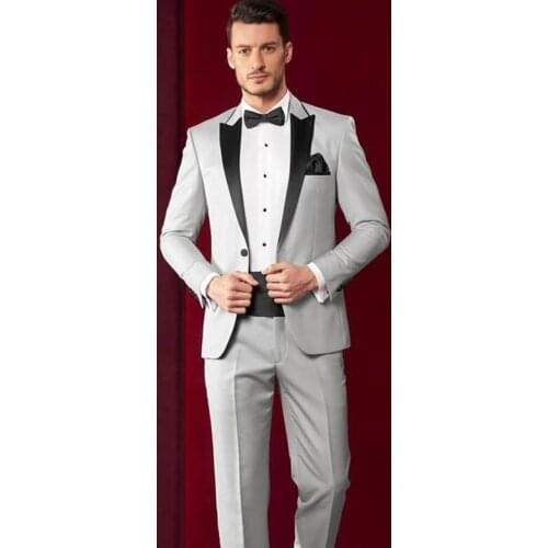 Hot Recommend One Button Silver Gray Groom Tuxedos Groomsmen Peak Lapel Mens Suits Blazers (Jacket+Pants+Tie) W:888