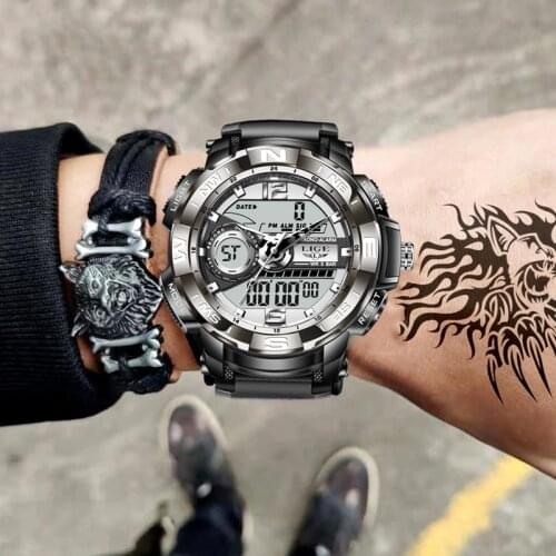 Mens Watches LIGE 2021 Silicone Strap Men Quartz Wristwatch Creative Diving Waterproof Alarm Watch Sport Dual Display Clock+Box