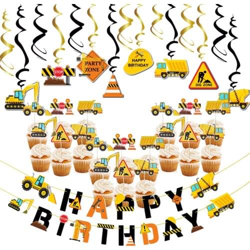 Birthday Party Decoration Set 55 Pcs Engineering Car Style Decor Cake Topper for Kid Birthday Party Background Decorations