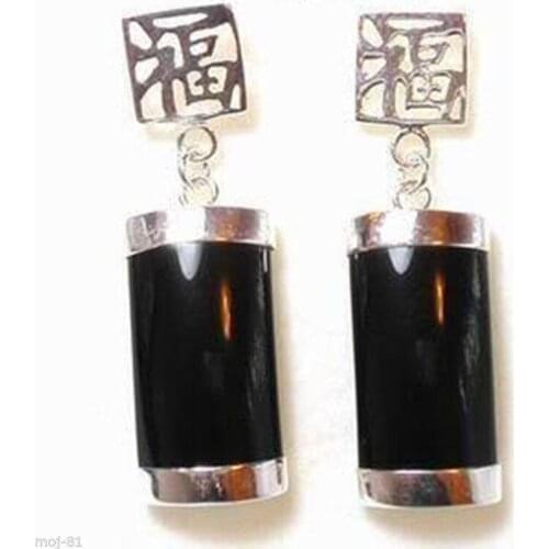 NEW PAIR NATURAL BLACK Natural Jade 925 STERLING SILVER FORTUNE LUCKY EARRINGS