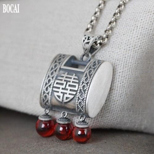 BOCAI New real S925 pure silver retro fashion tie knot synthetic zircon tassel necklace Thai silver woman pendant